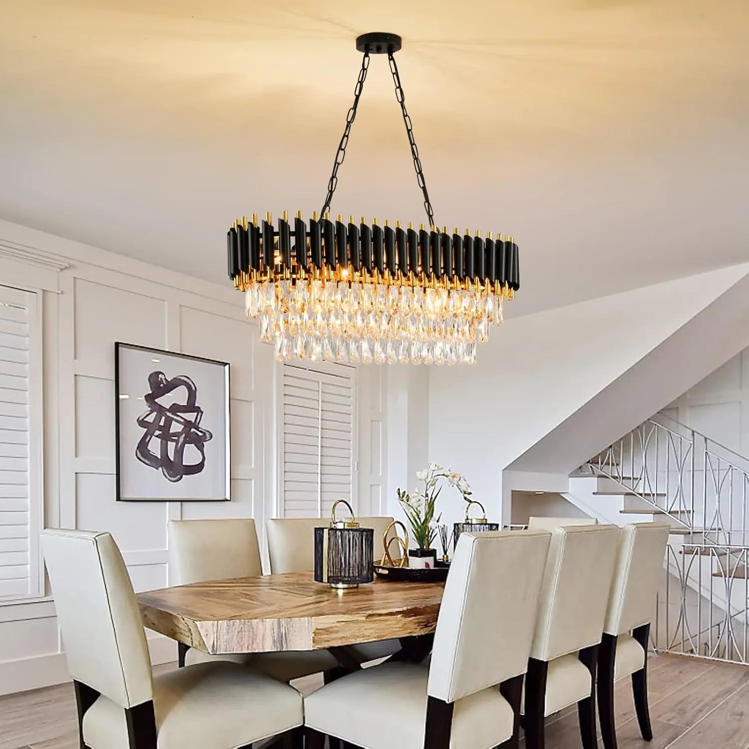 Modern Black & Gold Crystal Chandelier, 3-Tier K9 Oval Crystal Chandelier for Kitchen Island/Living Room/Bedroom/dining room