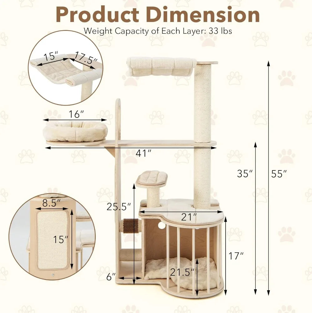Wood Cat Tree for Indoor Cats, 55 Inch Multi-Level Cat Tower Activity Center with Hammock, Cat Condo, Sisal Scratching Posts