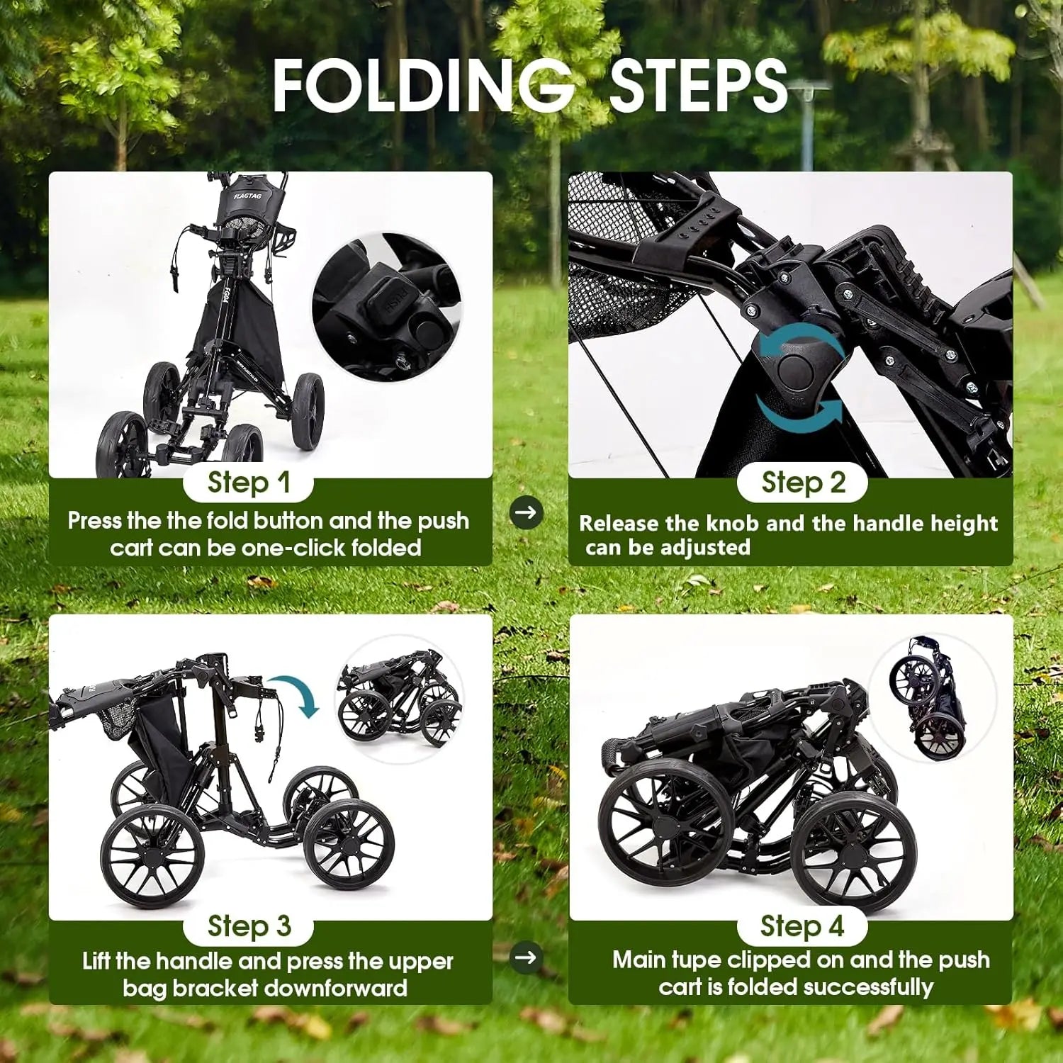 4-Wheel Folding Golf Push Cart with Adjustable Handle, Cup Holder, Umbrella Holder & Cooler Bag