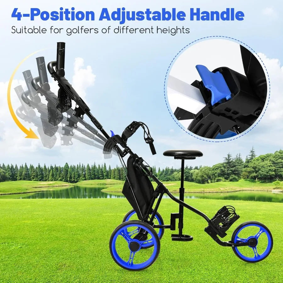 Lightweight 3-Wheel Golf Push Cart with Adjustable Seat and Handle Umbrella Holder Foot Brake Foldable Design for Easy Storage