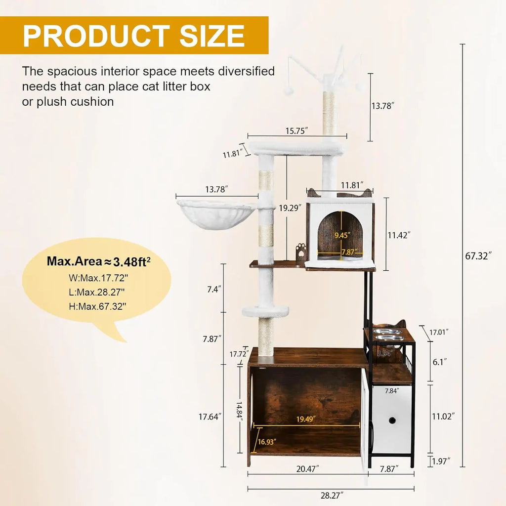 3-in-1 Cat Tree with Hidden Litter Box, 67-inch Tall Cat Tower for Indoor Cats, Includes Condo and Feeding Station