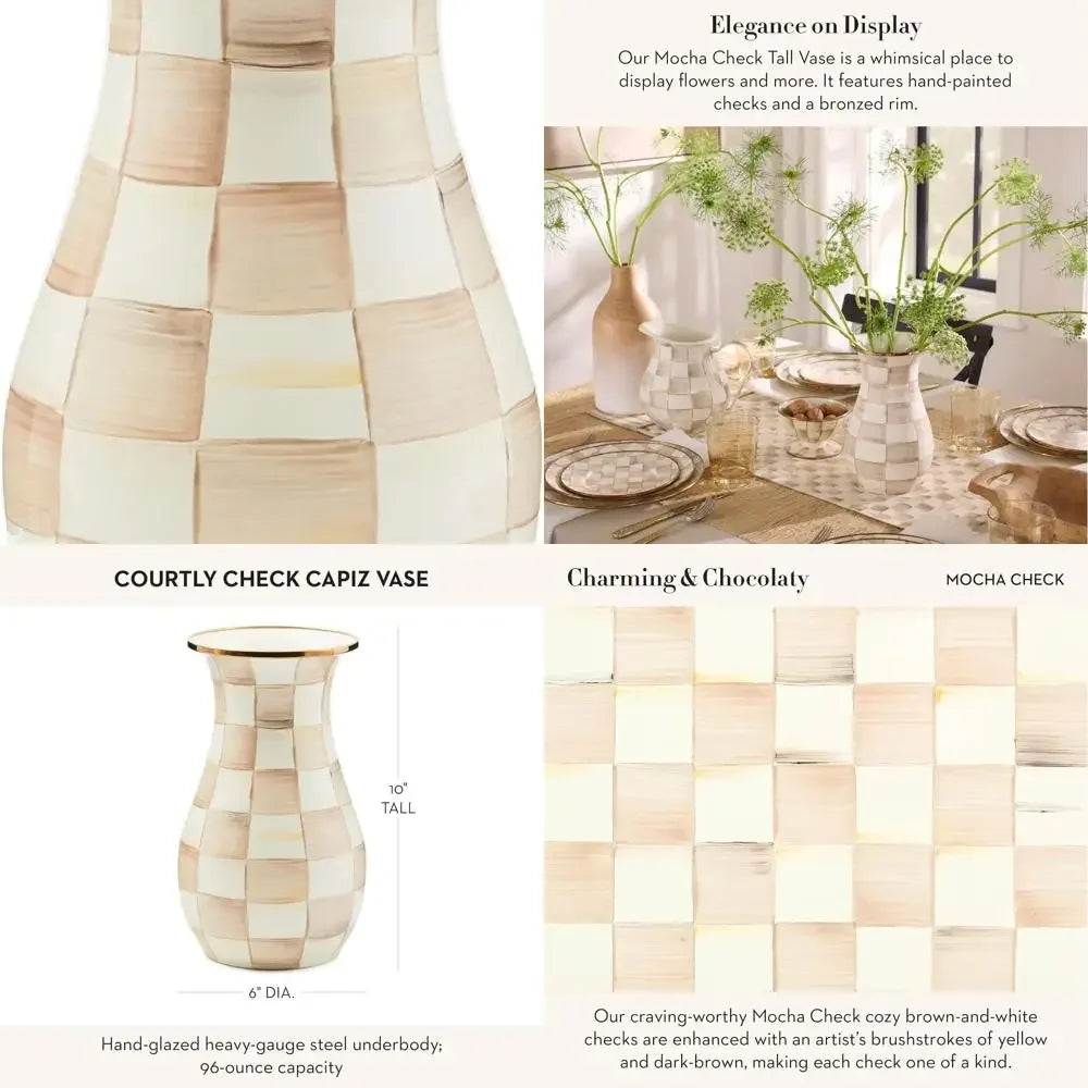 Elegant Steel Checkered Flower Vase, Brown and White Mocha Pattern, 6x6x12 Inches