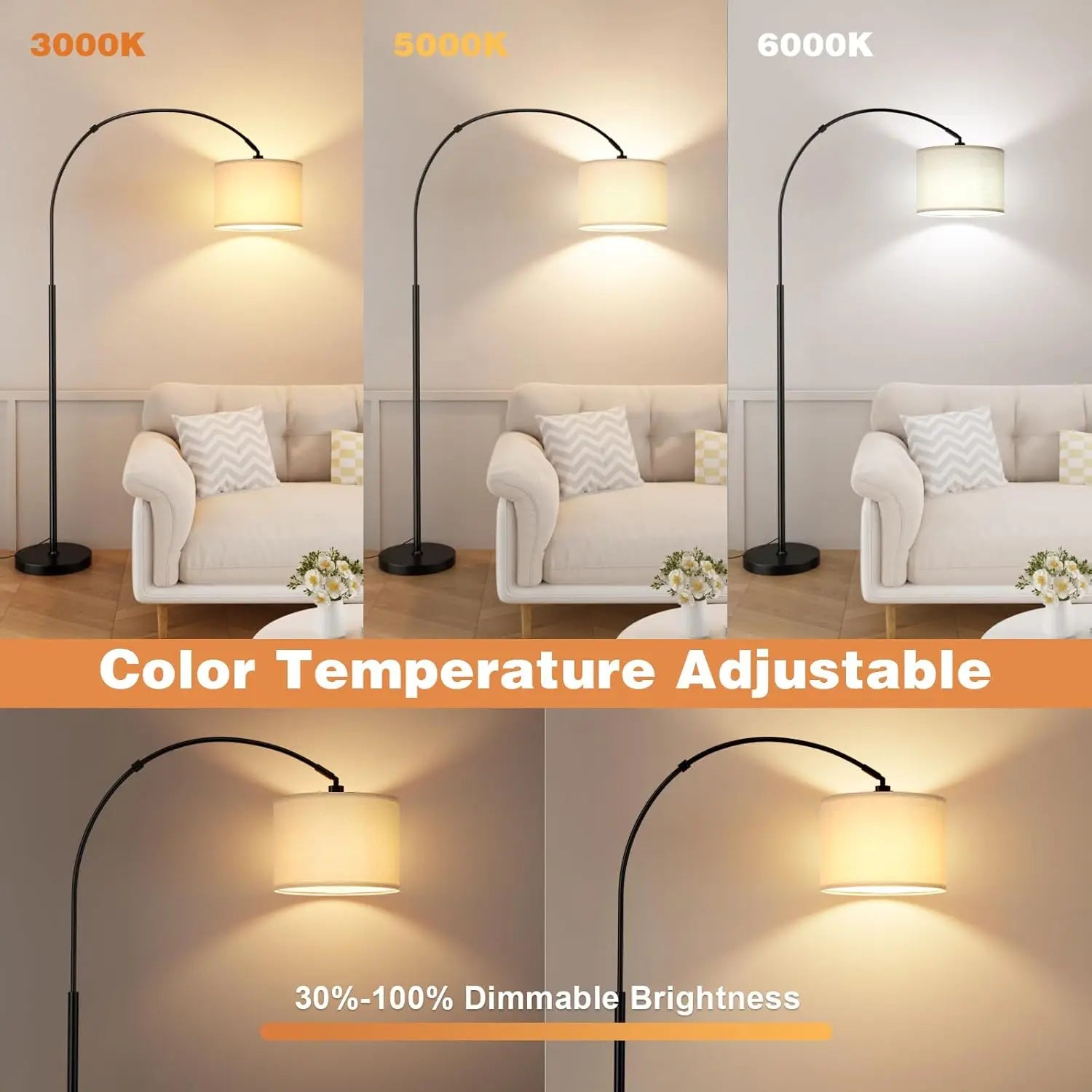 70" Dimmable Arc Floor Lamp with Remote, Adjustable Color & Brightness, Rotating Head for Living Room