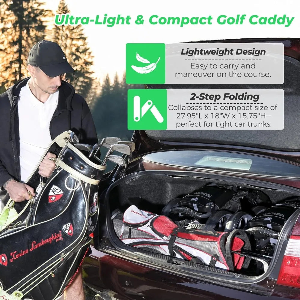 4 Wheel Golf Push Cart: Lightweight Compact Folding Golf Trolley, Pull Behind Manual Golf Caddy with Cup, Phone & Umbrella