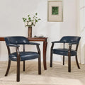 Upholstered Dining Chairs Set of 2 with Arms, Vintage Accent Stools, Brown Legs & Navy Blue, NX173-318LB