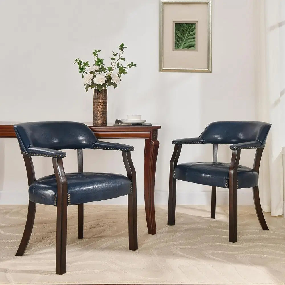 Upholstered Dining Chairs Set of 2 with Arms, Vintage Accent Stools, Brown Legs & Navy Blue, NX173-318LB