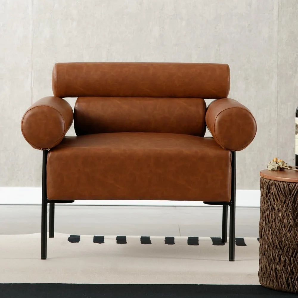 Leather Mid-Century Accent Chair Armchair, Soft Lounge Chair Upholstered Oversized Leisure Chair Single Sofa for Living