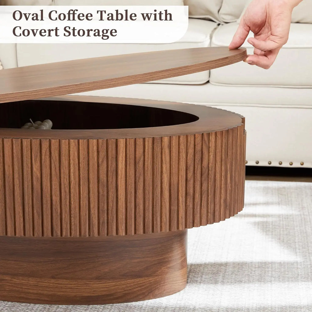 Oval Coffee Table with Hidden Storage, 31.5 Inch Wide Modern Coffee Table, Center Table with Fluted Veneered,, Customized