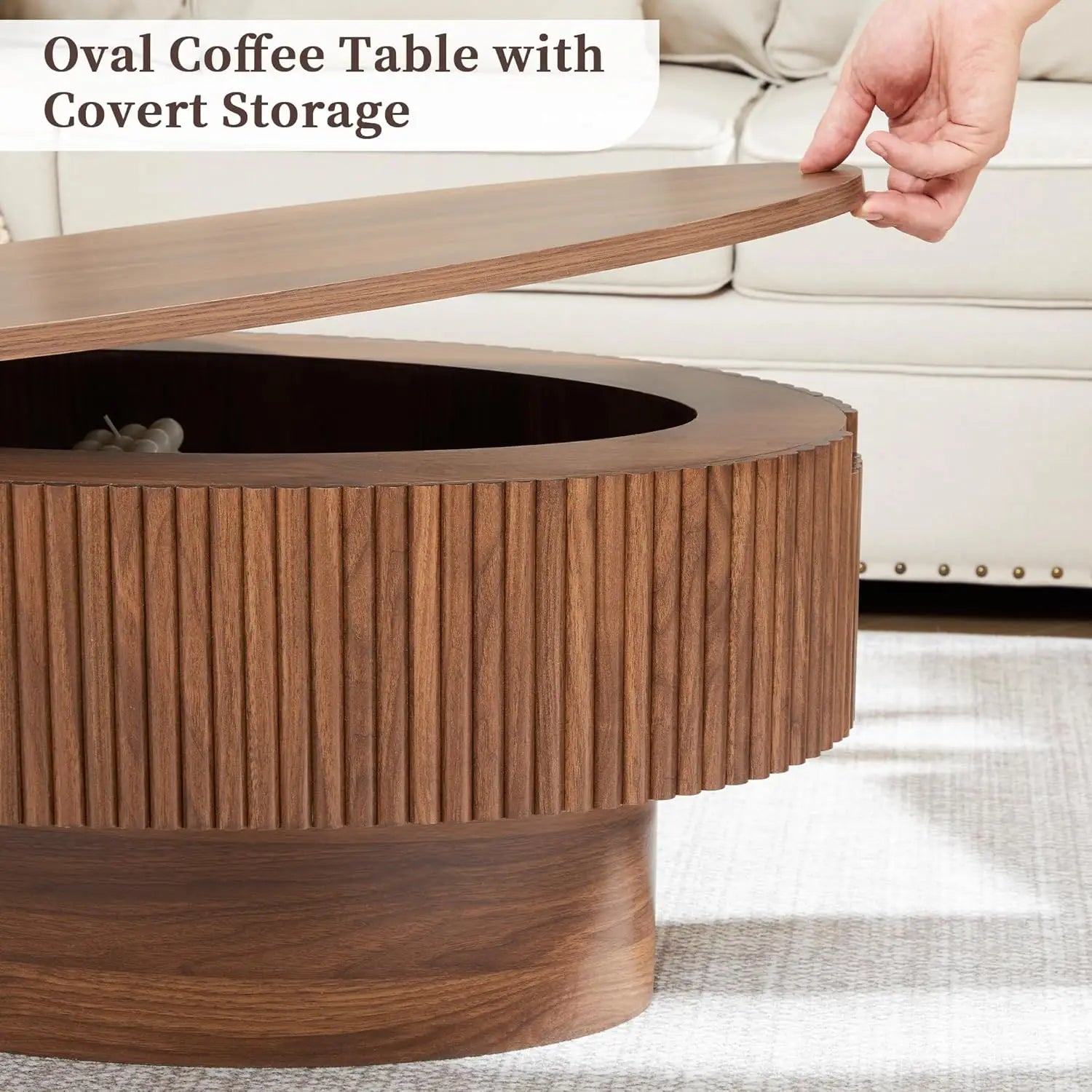 Oval Coffee Table with Hidden Storage, 31.5 Inch Wide Modern Coffee Table, Center Table with Fluted Veneered,, Customized