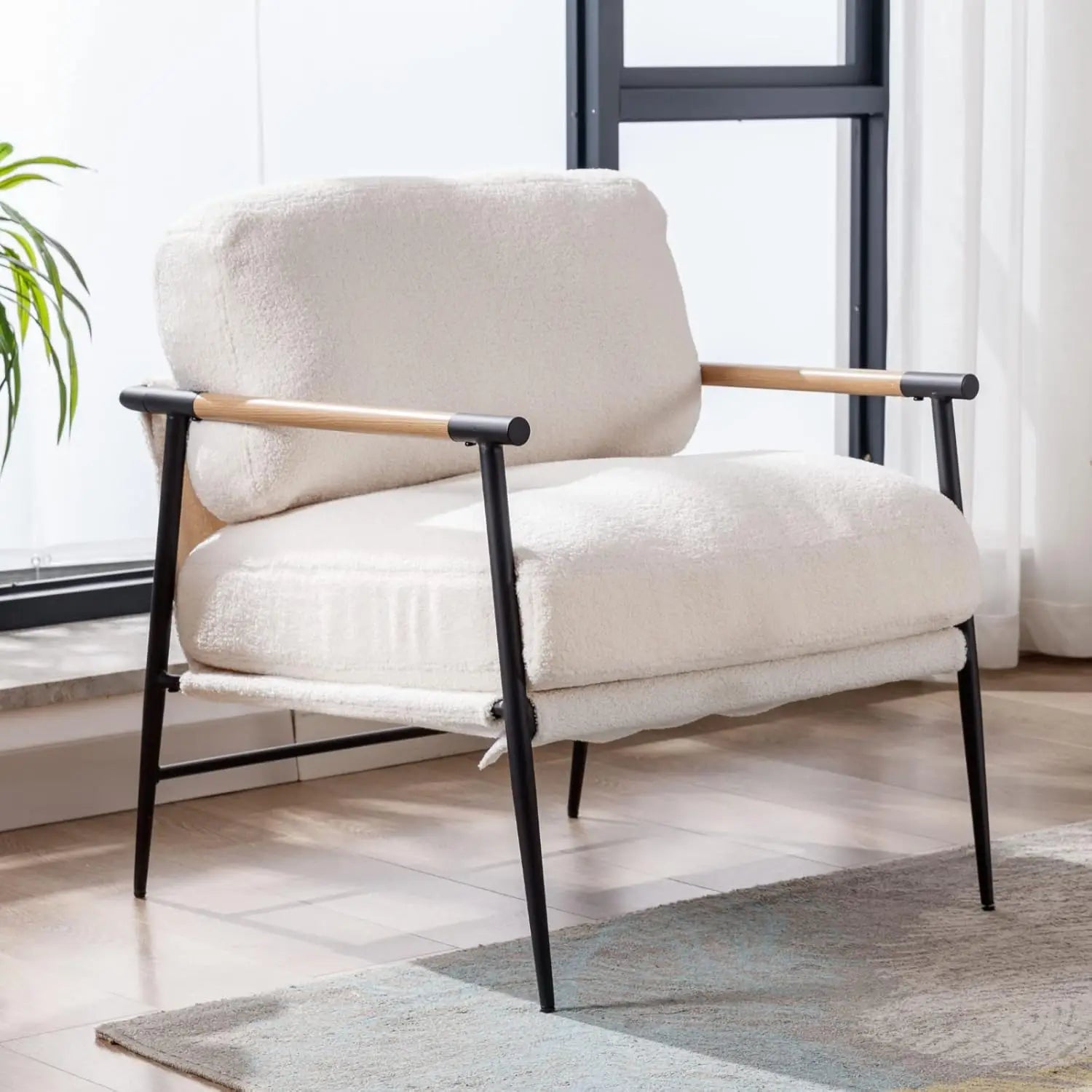 Mid-Century Accent Chair, Soft Armchair Sherpa Fabric Lounge Chair with Black Metal Legs, Upholstered Leisure Chair for Living R