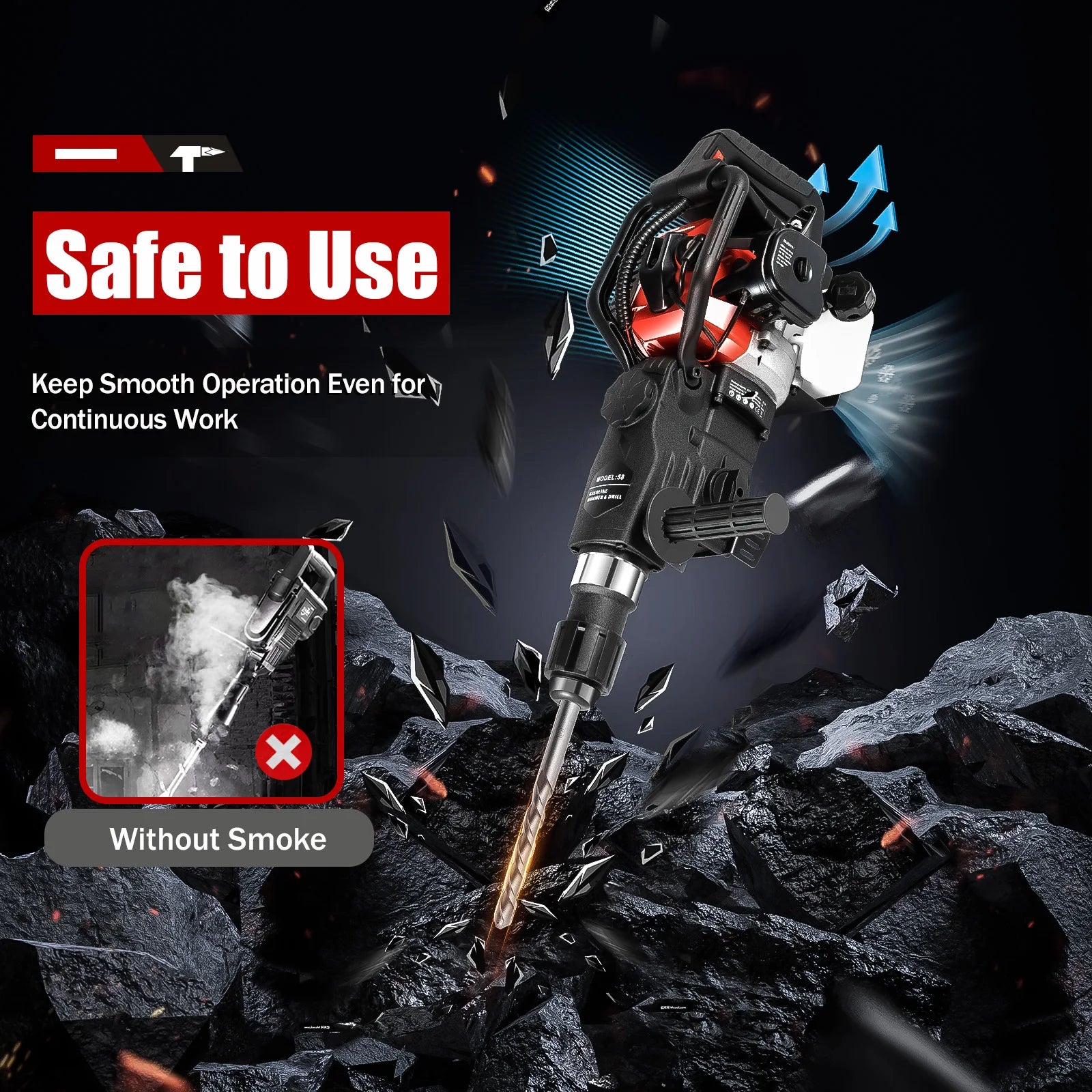 33CC Demolition Jack Hammer Hand Pull Start Single Cylinder Air Cooling, 2-stroke for Drilling Crushing