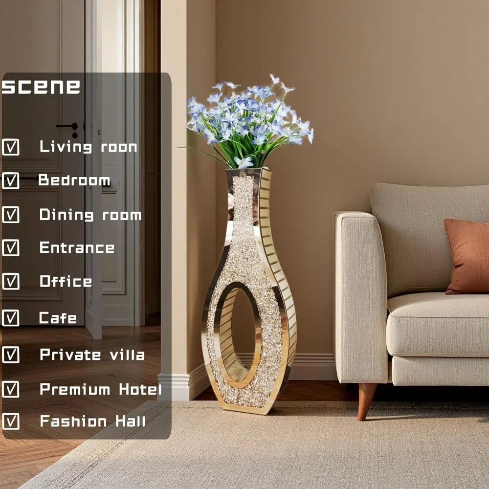 Pair of 30-Foot Tall Crushed Diamond Effect Floor Vases - Large Silver Mirrored Crystal Vases for Living Room Decor