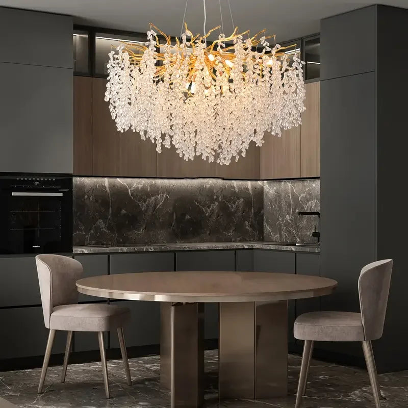 Modern golden crystal pendant light, 23.62 inch dimmable hanging raindrop pendant light, suitable for living rooms/entrances