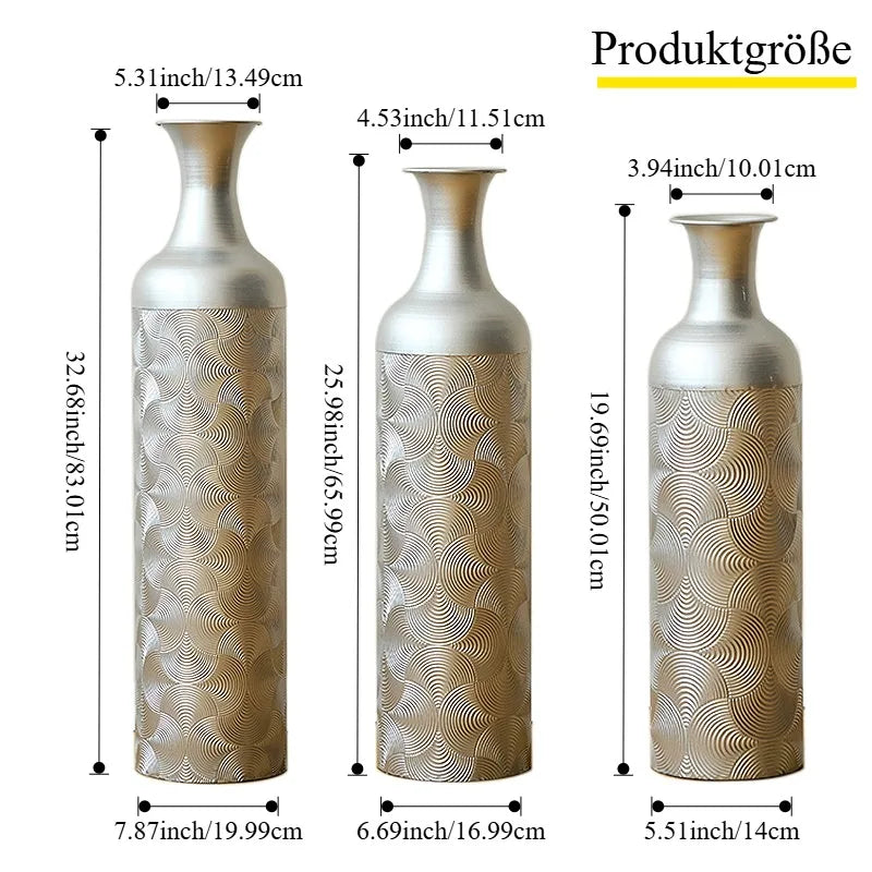 Large Size Modern Set Of 3 Silver Metal Floor Vases Tall Cylinder Wave Pattern Home Decor For Living Room Shipping From The USA