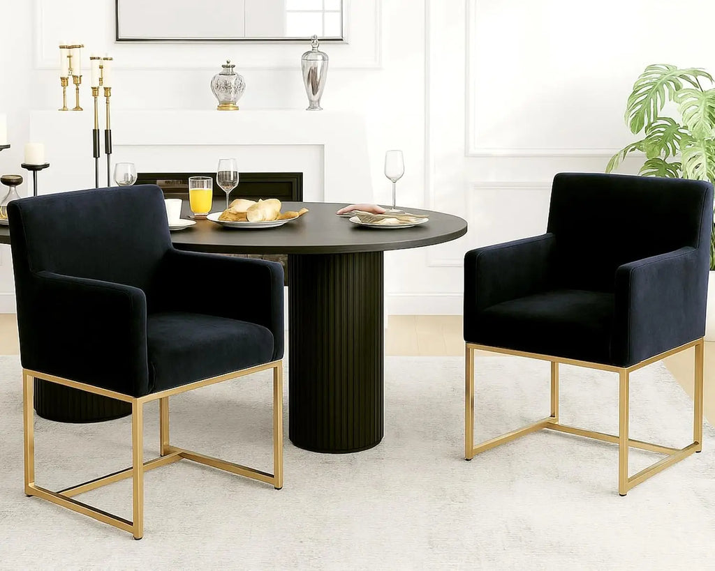 Mid Century Modern Upholstered Dining Chairs with Arms Set of 2, Linen Accent Black Finish Metal Frame, 19'' Wide Arm for Living