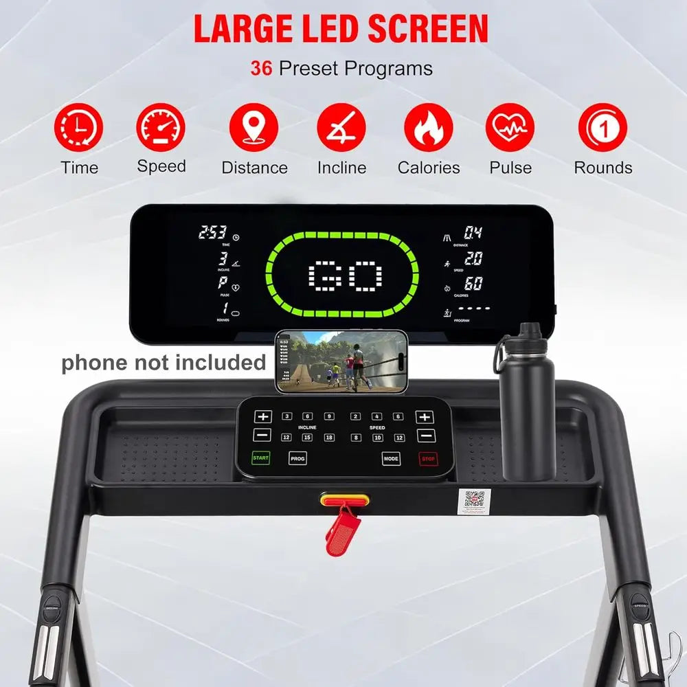 High-Capacity 20% Auto Incline Treadmill: 400 LB, 20 Deck, 0.6-12 MPH, LED Display, Bluetooth, Foldable, App-Enabled