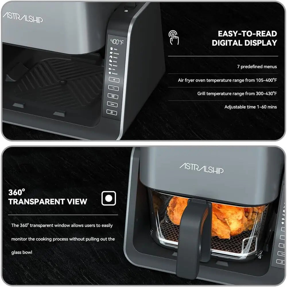 Glass Air Fryer & Grill Combo, Non-Toxic Rice, 360° Visible Cooking, 7 Presets, Compact for 1-2 People, 5.5QT Capacity, Dishwash