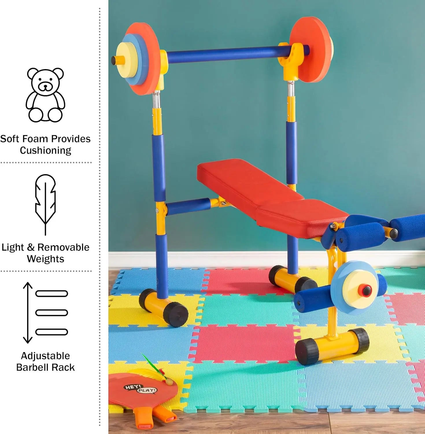 Children's Fitness Set: Adjustable Weight Bench, Barbell, and Foam Weights for Safe Play