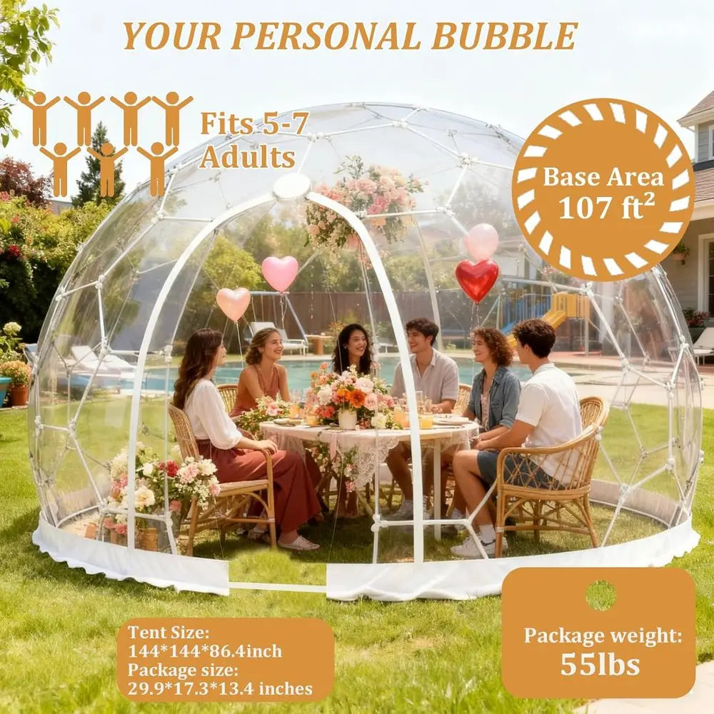 12ft x 7.2ft Clear PVC Outdoor Dome Tent for 4-7 People, Waterproof Bubble House for Camping and Backyard Parties