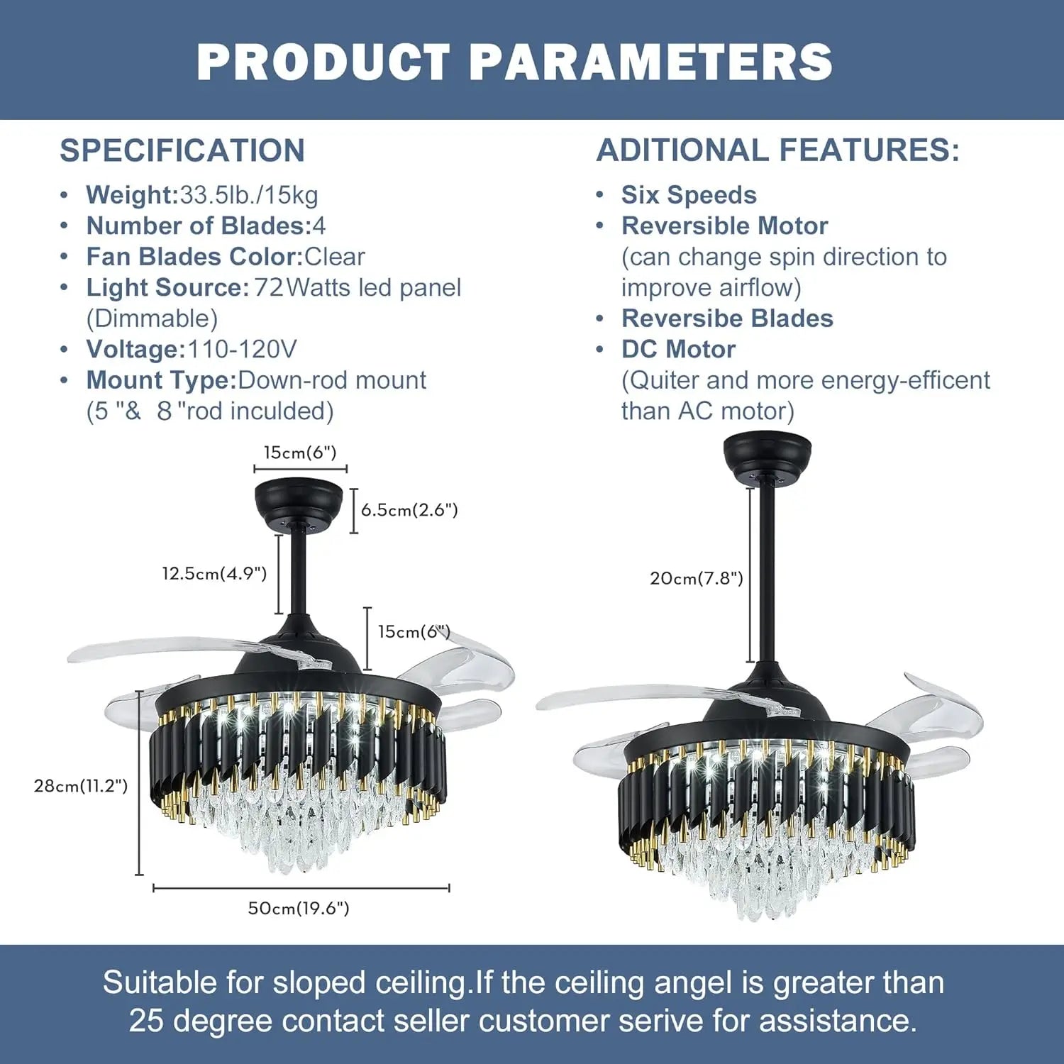 42 Inch Dimmable Crystal Ceiling Fans with Light Modern Chandelier Fan LED Fandelier with Remote 6 Speed, 3 Light Change Retract