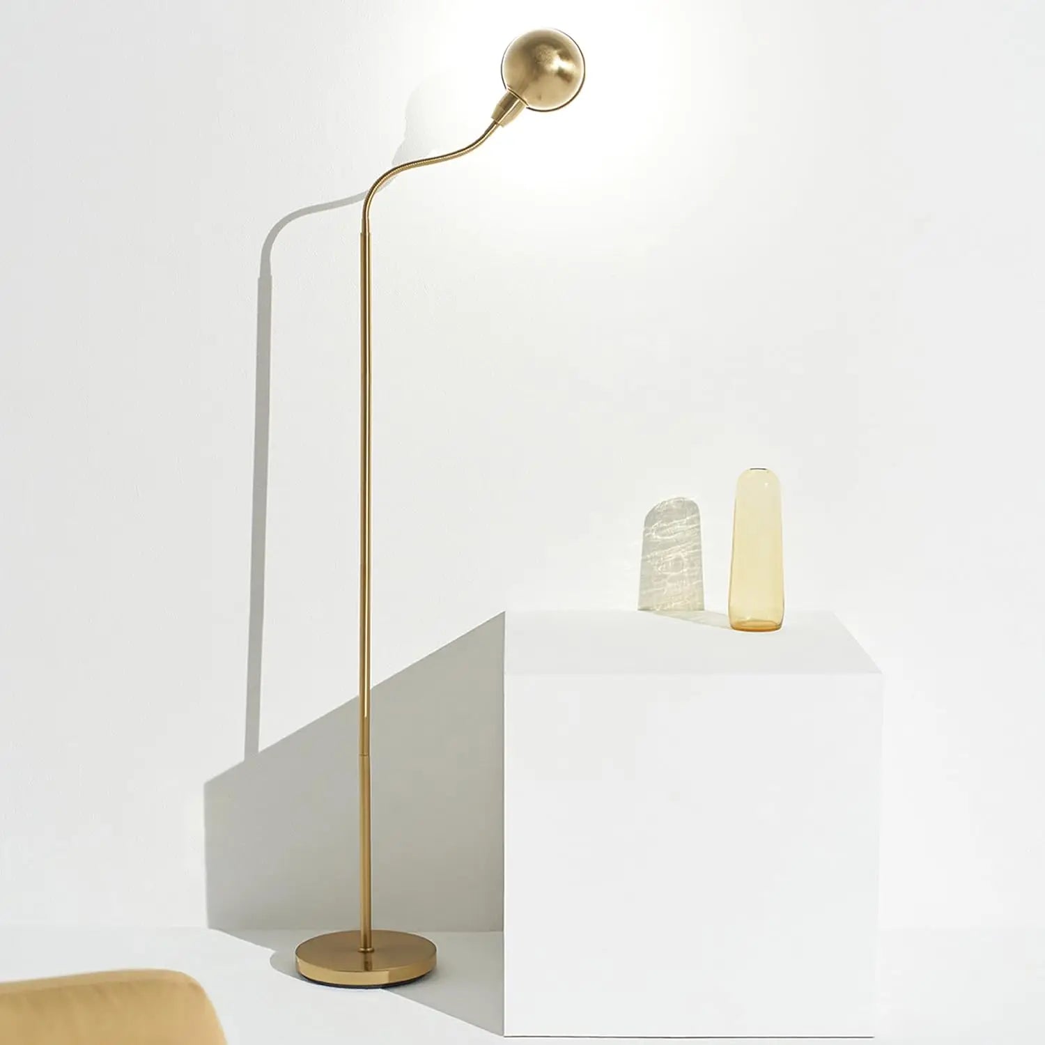 Adjustable Gooseneck LED Floor Lamp with Smart Home Compatibility - Brass Gold Standing Light for Living Room, Office