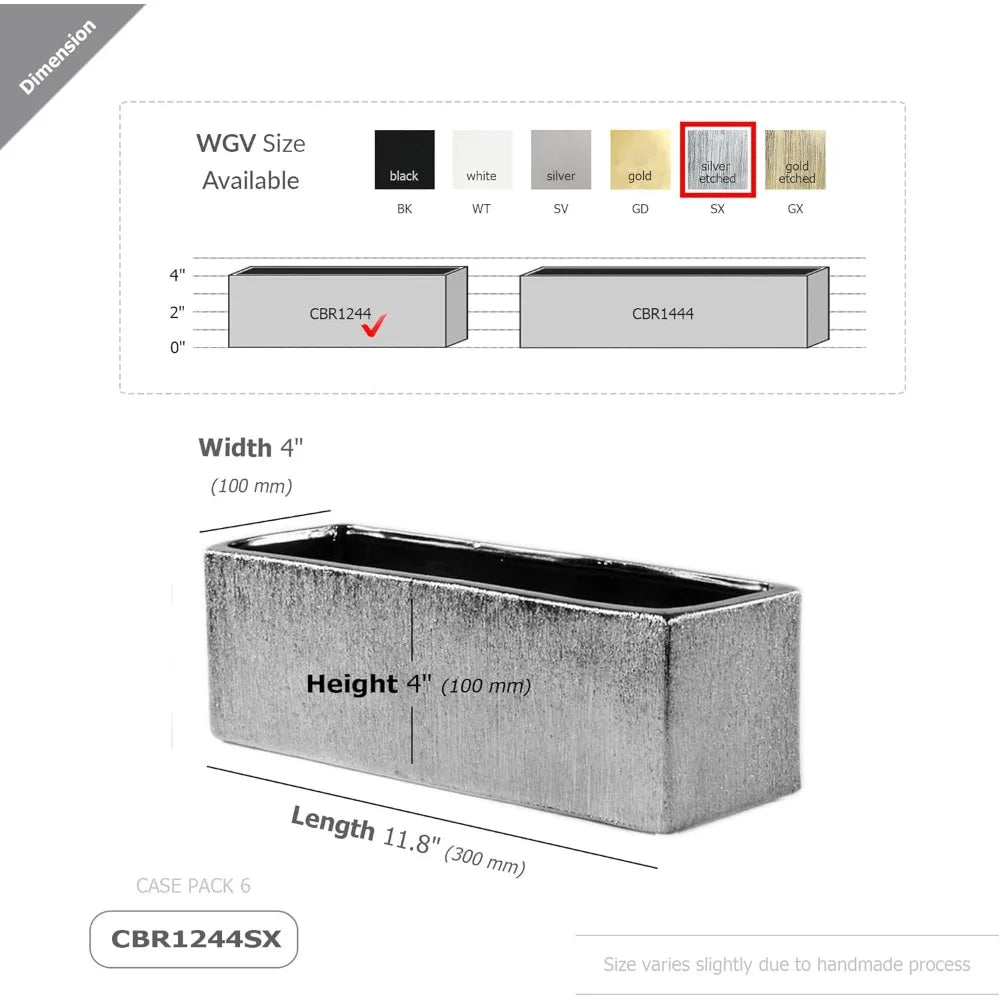 Long Rectangular Silver Etched Ceramic Planter Vase for Flower Arrangements, 12 x 4 x 4, Block Style Terrarium Box Pot, Suitable