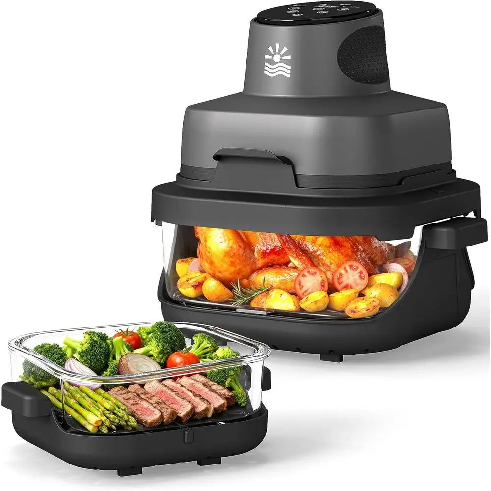 Portable Glass Air Fryer - 1500W, 4.2 QT & 6-Cup Dual Glass Containers, 4-in-1, 60 Min Timer, 140°-400° Adjustable, Microwave, F