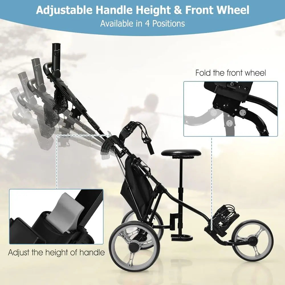 Lightweight Foldable 3-Wheel Golf Trolley with Seat, Push/Pull Cart, Foot Brake, Adjustable Umbrella Holder, 4 Height Positions