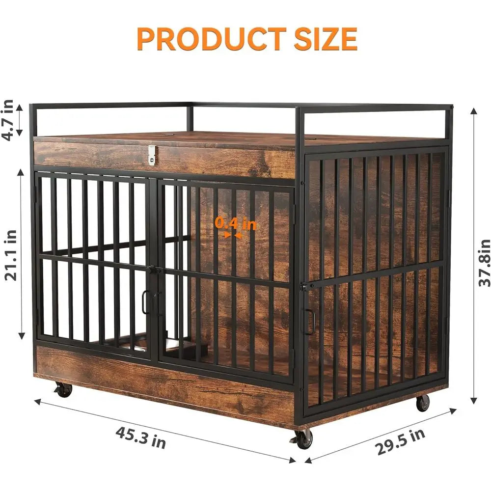 45 Inch XL Dog Crate with Stainless Steel Bowls, Heavy Duty Indoor Kennel, Wooden Dog Crate Table for Home Decor