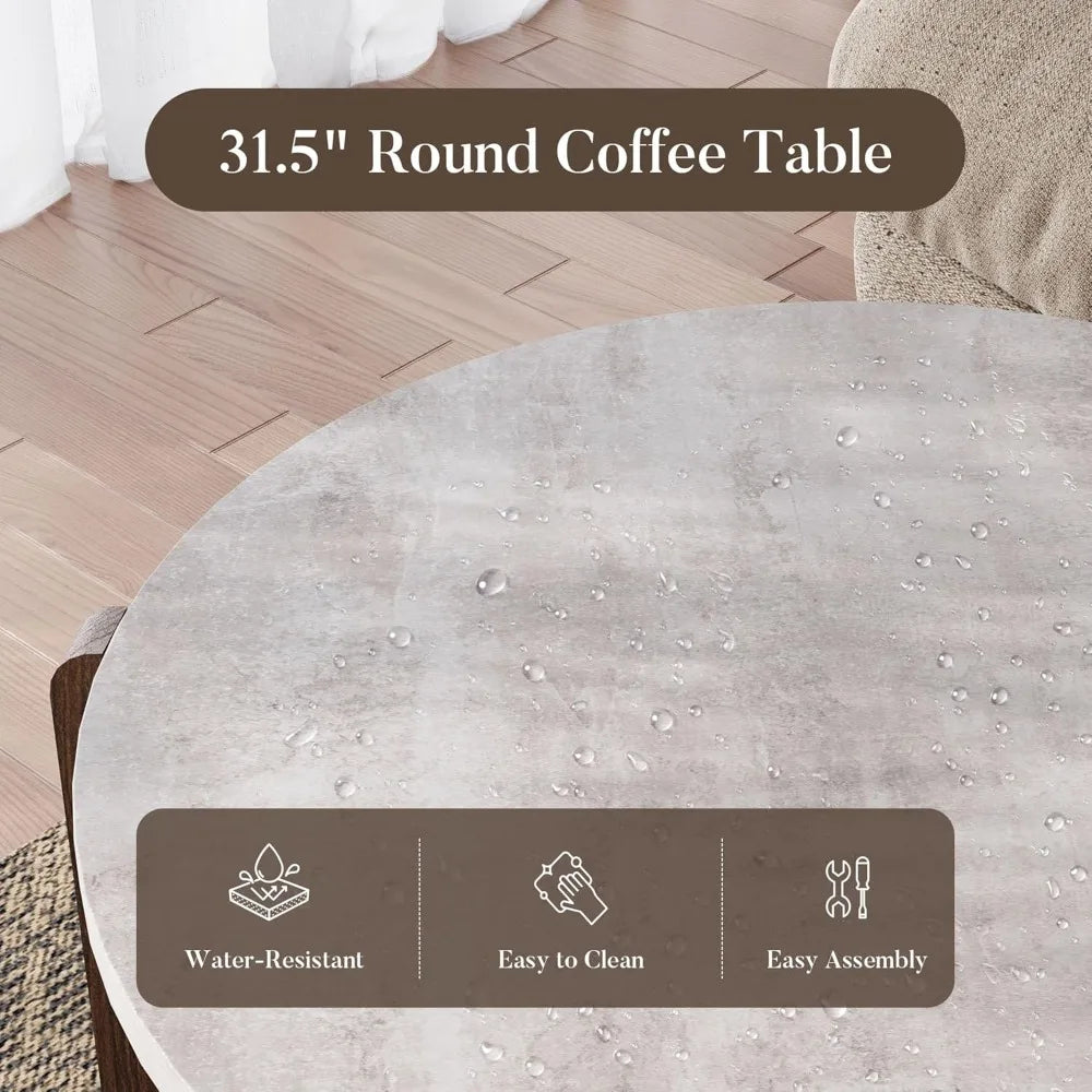 Modern Round Coffee Table & Side Table Set, Faux Marble Wood Top, Walnut & Cream White Legs, Minimalist Living Room,Customized