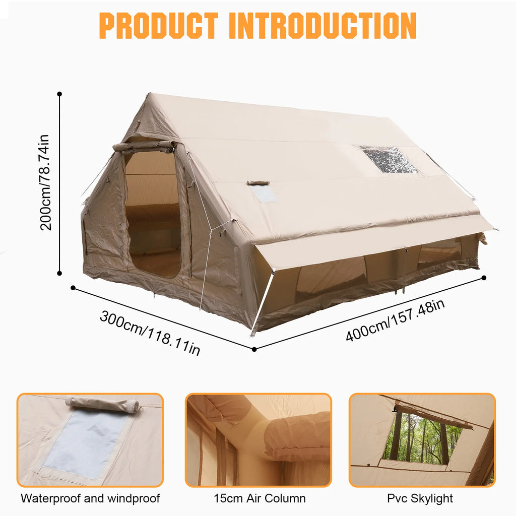 Inflatable Camping Tents with Mesh Windows & Pump 4 Season Big House 130 Square Feets with Stove Jack for Outdoor Hiking Camping