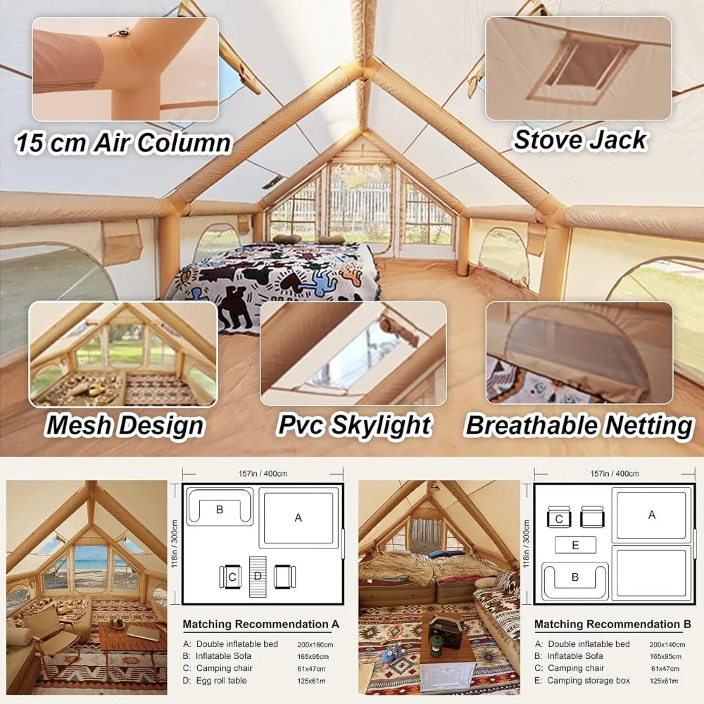 Large Inflatable Tents  4 Season Blow Up Tent with Rainfly, Waterproof & Sunproof, Luxury Inflatable House with Stove Jack