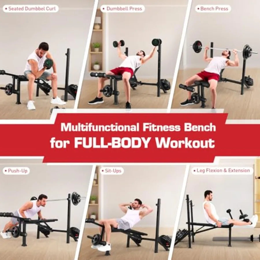 Adjustable Weight Bench Press Set 900LBS with 72''W Squat Rack Leg Extension/Curl Foldable Workout Bench for Full Body Fitness