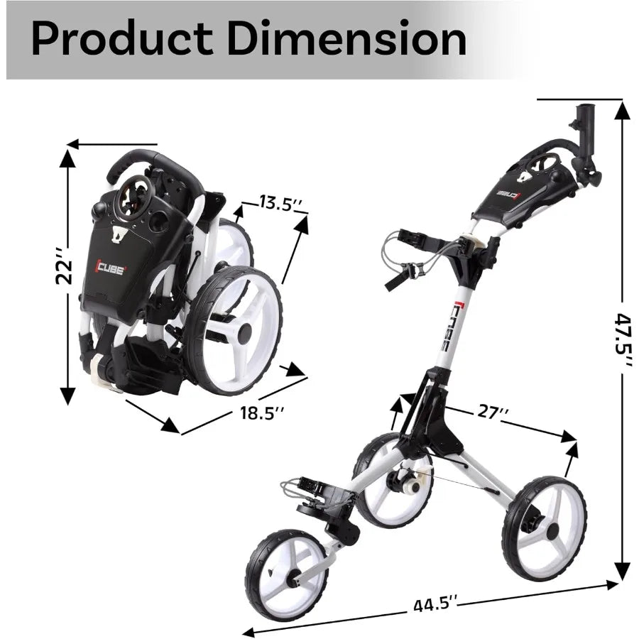 CUBE CART 3 Wheel Push Pull Golf CART for Easy Transportation and Storage - Two Step Open/Close Mechanism - The Smallest Foldin