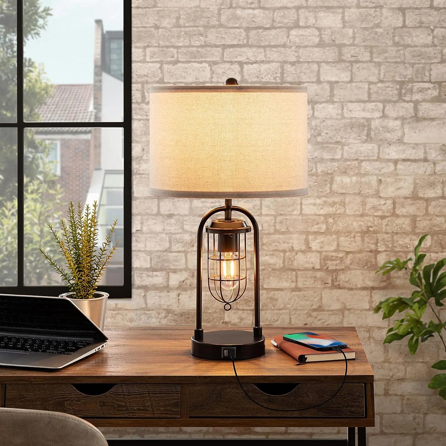 Set of 2 Modern Farmhouse Table Lamps with USB Ports and Night Light for Living Room Bedroom (Bulbs Included)