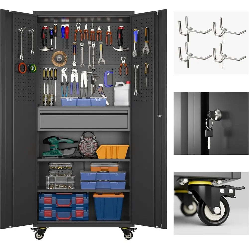 71 Metal Garage Storage Cabinet with 16 Hooks, Pegboards, and Adjustable Shelves, 1 Rolling Tool Cabinet for Garage or Warehouse