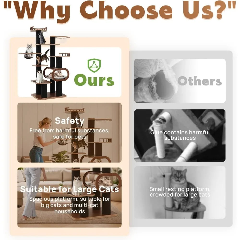 71'' Modern Black Cat Tree for Indoor, Tall Solid Wood Cat Tower for Home Decoration, Multi-Level Cat Tower with Transparent Bed