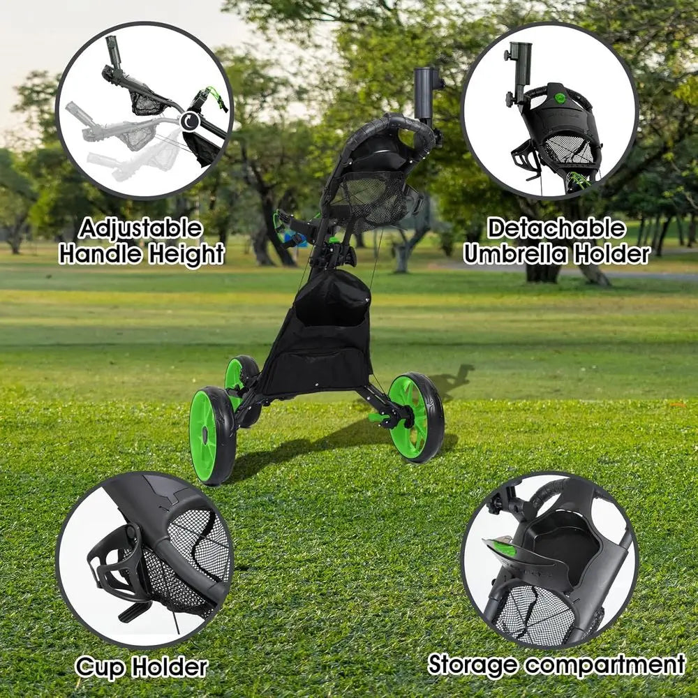 Compact Lightweight Golf Push Cart with Cooler, Flat Fold Trolley, Brake, and Cup Umbrella Holder