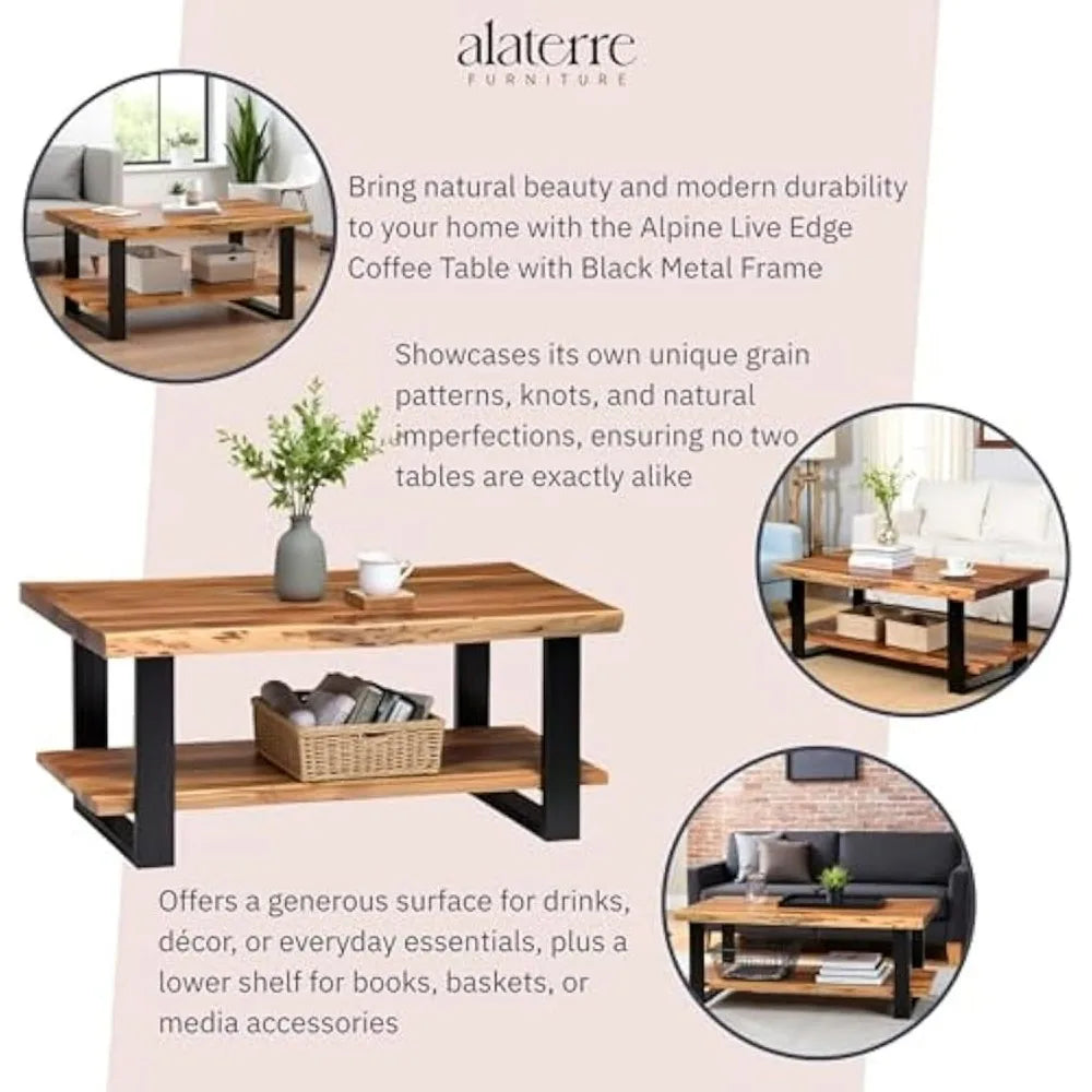 Rustic Industrial Style 42 Live Edge Acacia Wood Coffee Table with Lower Shelf Storage