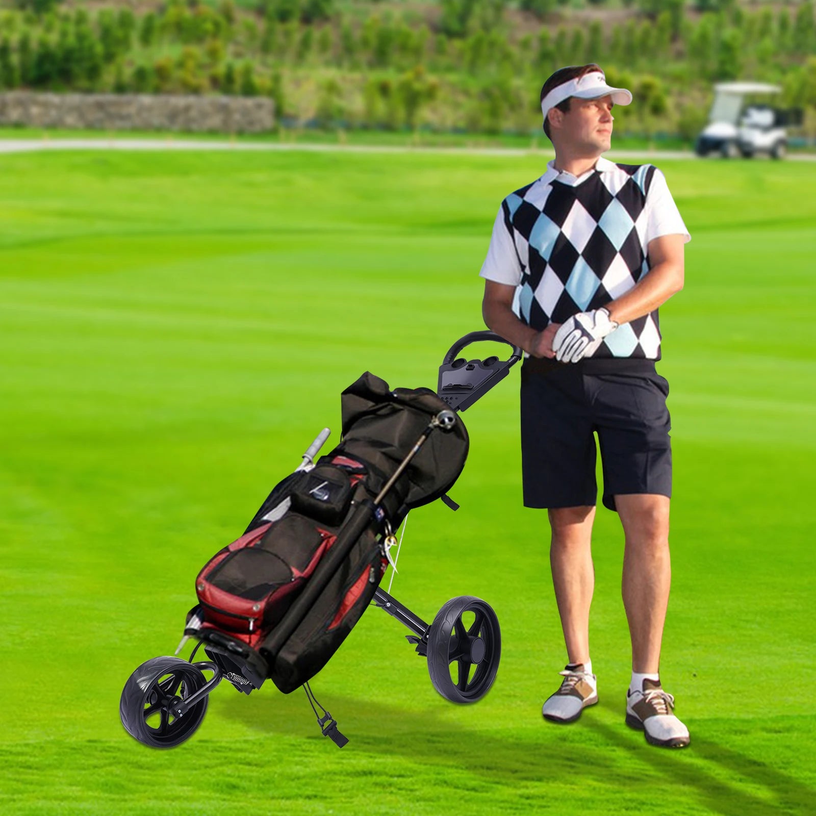 Lightweight Aluminum Golf Push Cart – 3-Wheel Folding Golf Trolley with Foot Brake, One-Second Open, Free Cup Holder Included