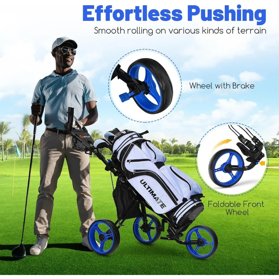 Lightweight 3-Wheel Golf Push Cart with Adjustable Seat and Handle Umbrella Holder Foot Brake Foldable Design for Easy Storage