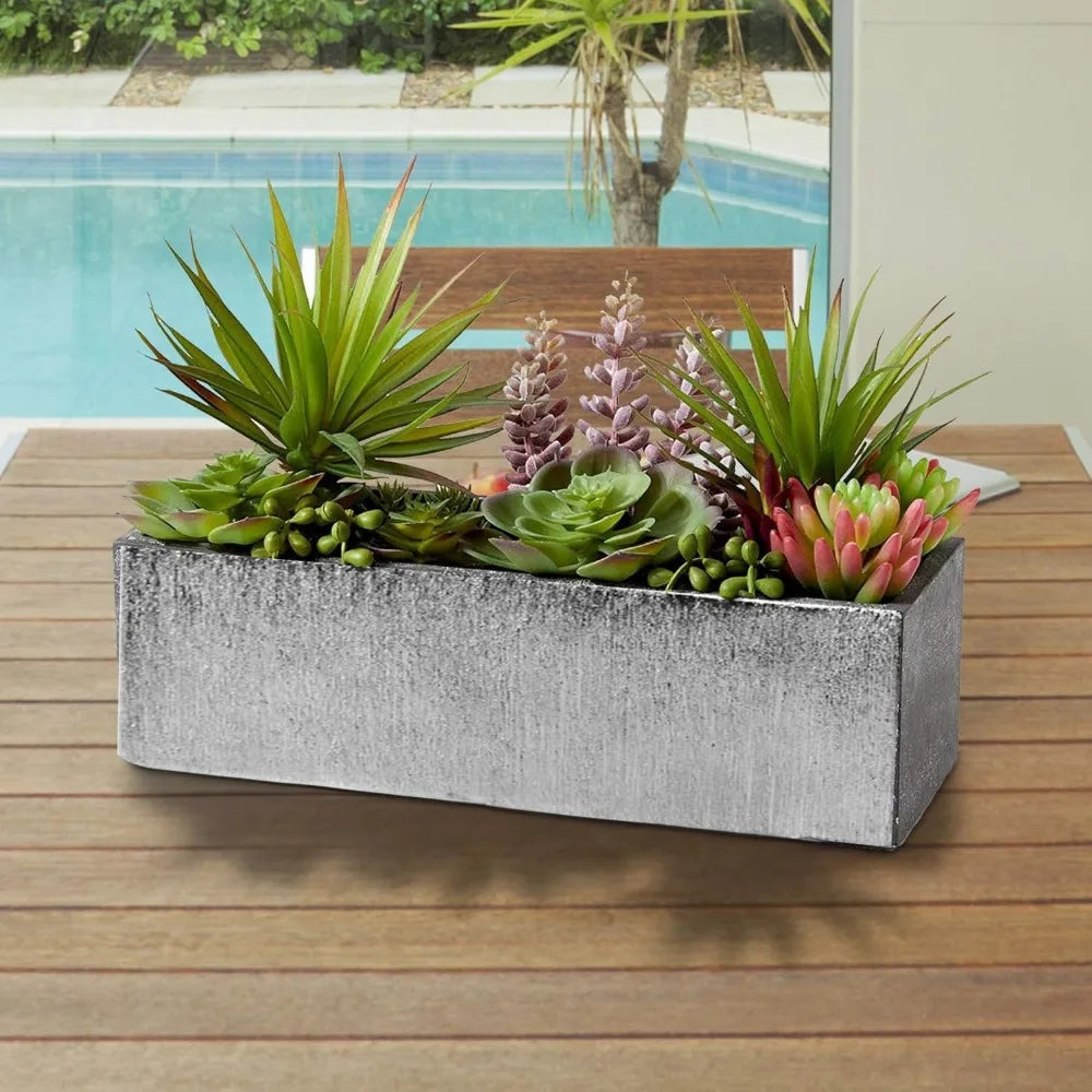 Long Rectangular Silver Etched Ceramic Planter Vase for Flower Arrangements, 12 x 4 x 4, Block Style Terrarium Box Pot, Suitable