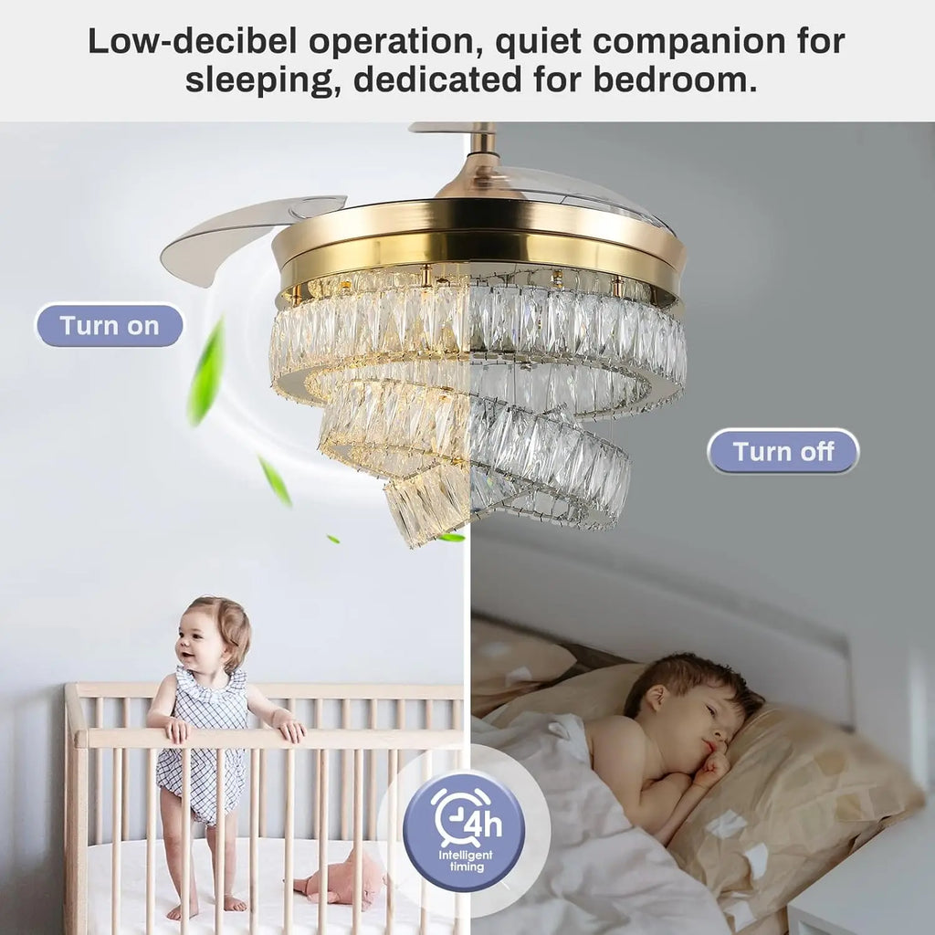 42'' Dimmable Chandeliers Fan, Crystal Ceiling Fan with Lights with APP & Remote Control, Gold Fandelier Ceiling Fan, 3 Color Ch