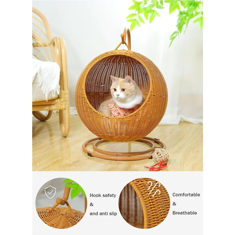 Handwoven Hanging Cat Hammock with Removable Cushion for Patio, Outdoor Pet Cat Bedding, Hanging Kitten Bed Green