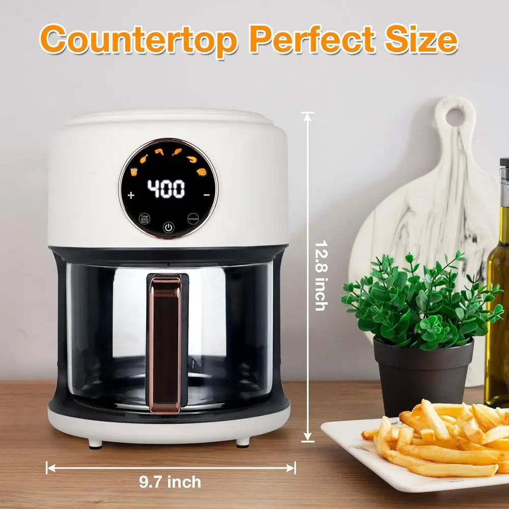 4.7QT Glass Air Fryer, 360° Viewable, 6-IN-1 Preset Cook, Digital Display, Adjustable Temp 100-400, Nonstick, Dishwasher Safe, W