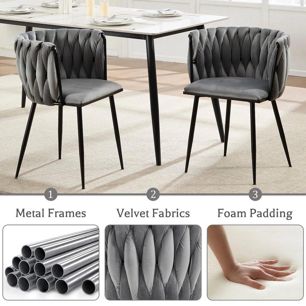Velvet Upholstered Dining Chairs Set of 6 Woven Kitchen Leisure Armchair Modern Accent Powder-Coated Black Legs Grey, Customized