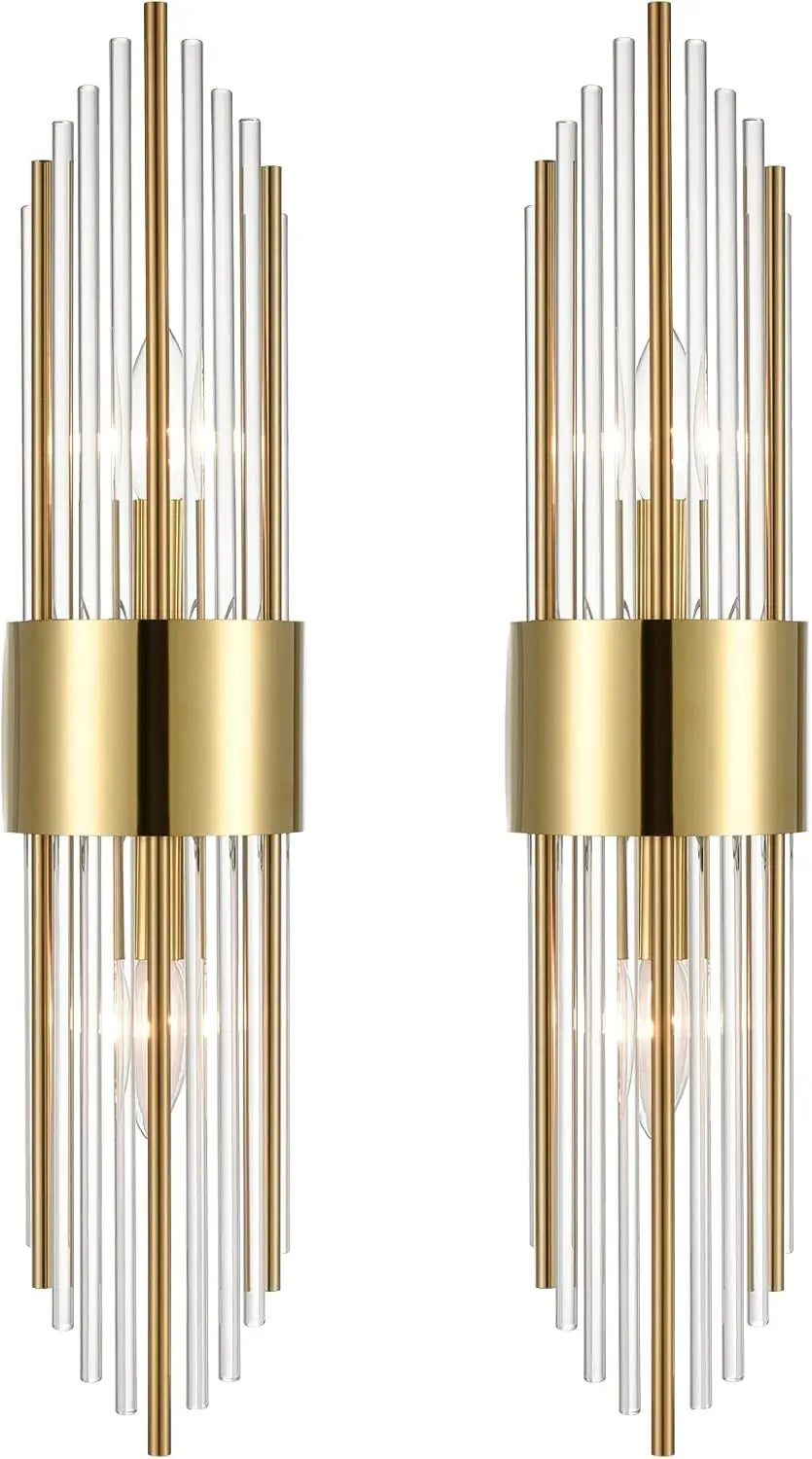 2-Light Modern Brushed Titanium Gold Wall Sconce with Clear Glass Crystal Luxury Wall Light Fixtures for Bedroom Living Room Bat