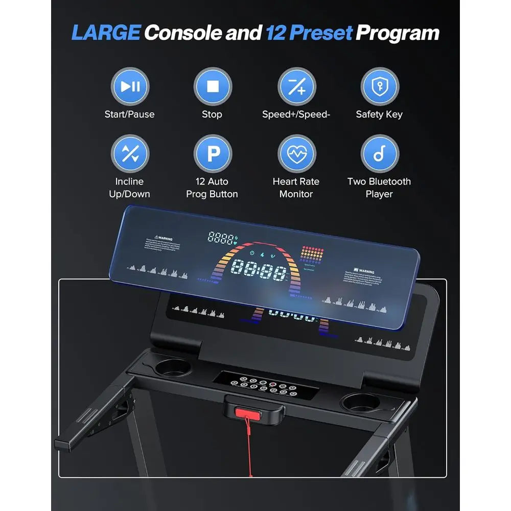 Heavy-Duty 15% Incline Treadmill with Pulse, 4.5HP, 10MPH, 500lbs Capacity, 20x55 Area, Bluetooth & LED Display