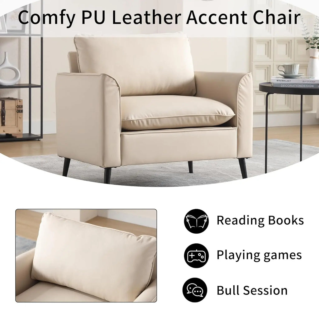 Mid-Century Accent Chair PU Leather Metal Legs Bedroom Office Cafe Beige Customized