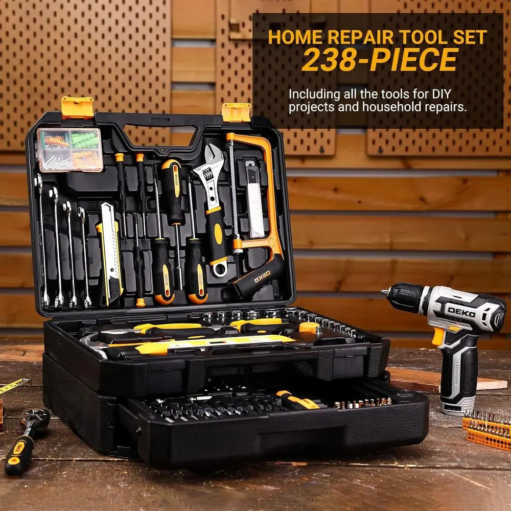 Tool Kit Box Drill Set：Home Mechanic Toolbox with 12V Power Cordless Drill Hand Repair Tools Sets Combo Kits Storage Organizer D